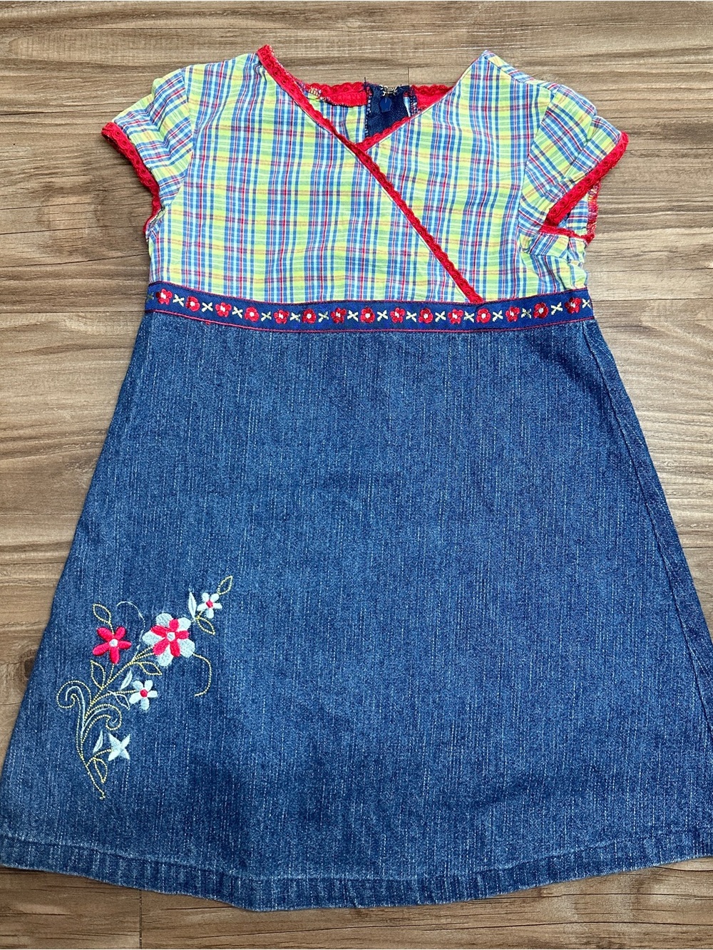 Bitty Baby by American Girl VTG 2000's Blue Denim Plaid A-Line Dress Floral Sz 3